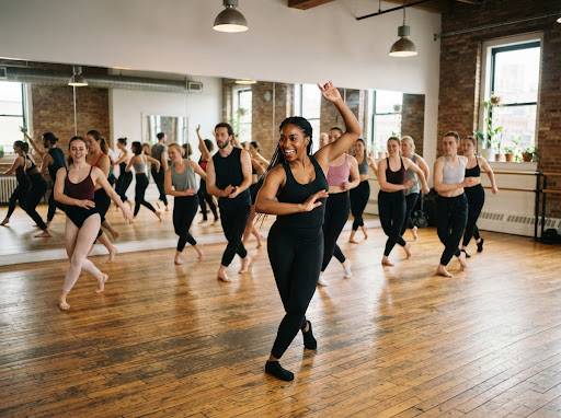 Spacious dance academy studio with warm wooden floors, glowing Edison bulb string lights hanging overhead, dancers practicing in couples during an evening social class