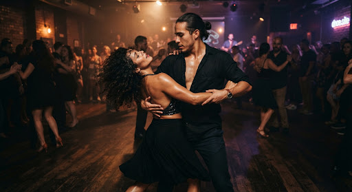 Dynamic Latin and salsa social dancers executing a sharp body isolation under moody amber, terracotta, and deep violet club lighting with warm wooden studio floors and sweat-drenched atmospheric glow