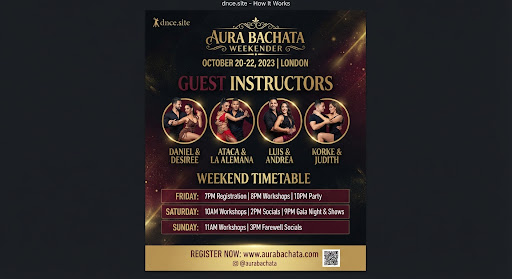 Editorial Bachata festival flyer graphic with deep gold and burgundy typography announcing guest dance instructors and weekend timetable