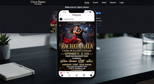 Digital Instagram promotional flyer graphic on smartphone showing Bachata Gala announcement with dancing couple in red dress and dark shirt, gold typography, dates September 13-15 and DJ lineup details